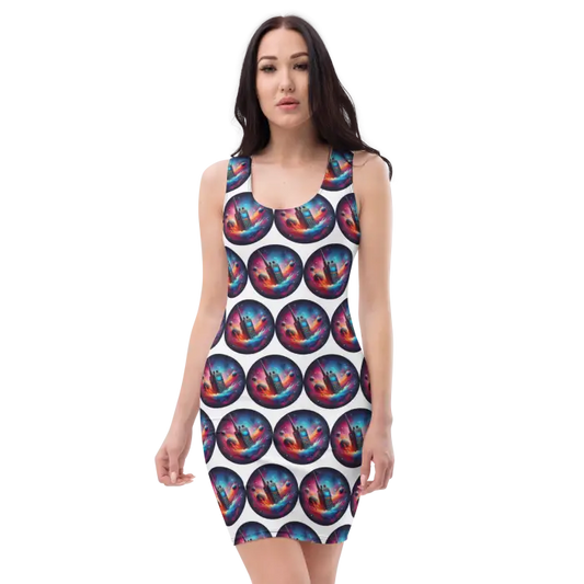 Form-fitting dress with circular space-themed pattern.