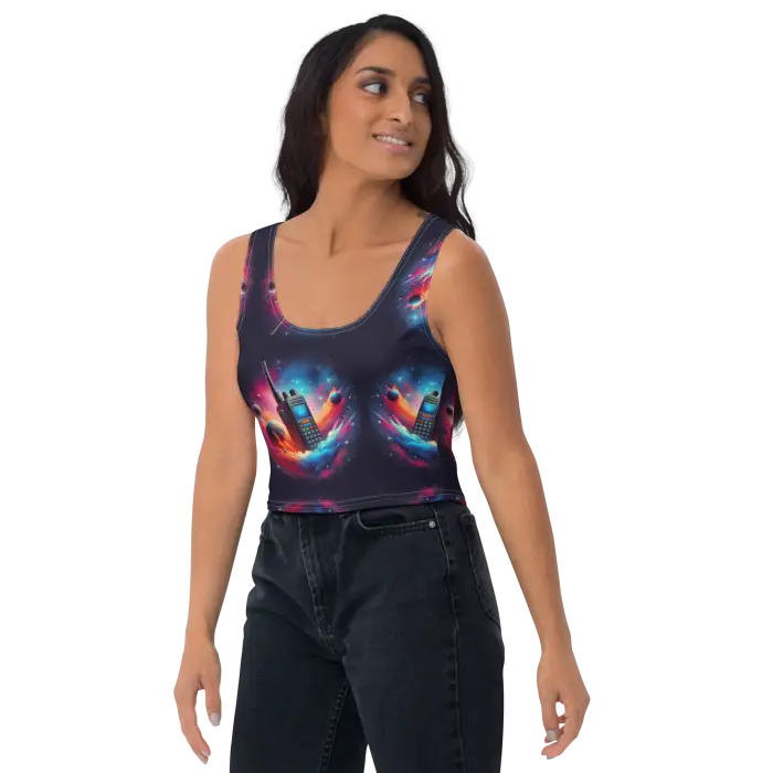 Woman wearing a crop top with a retro cell phone design.