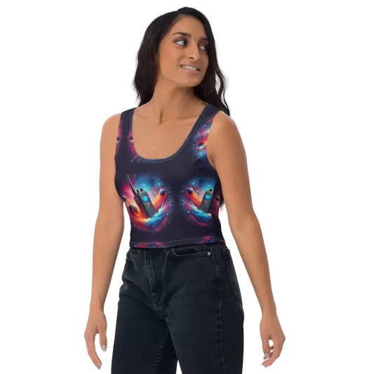 Woman wearing a crop top with a retro cell phone design.