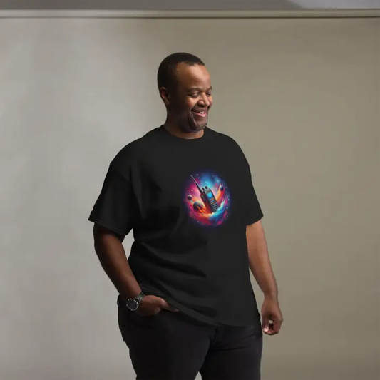 Black t-shirt with colorful walkie-talkie graphic.