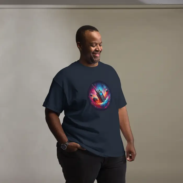 Navy t-shirt with colorful space graphic.