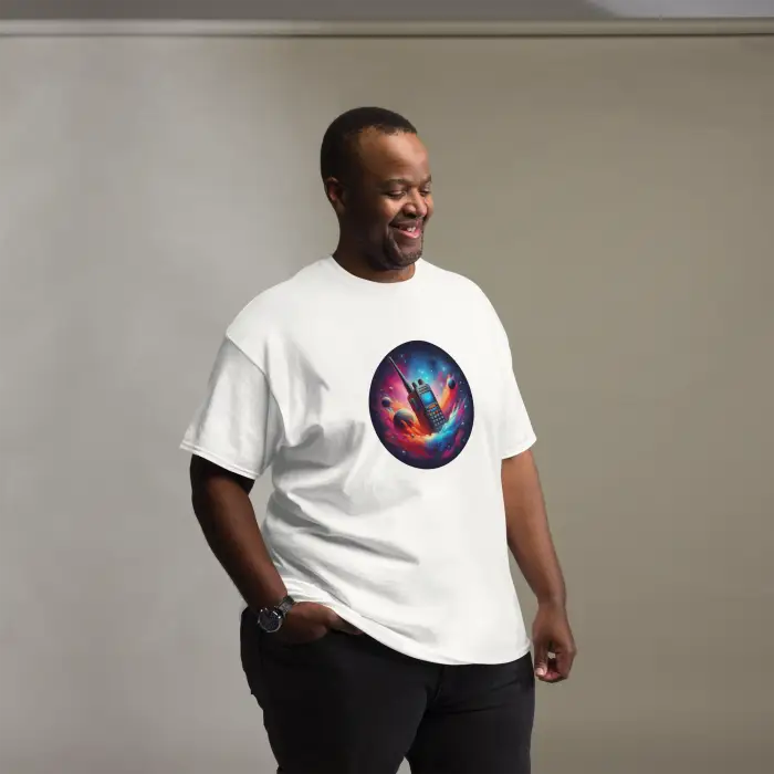 White t-shirt with colorful space-themed graphic.