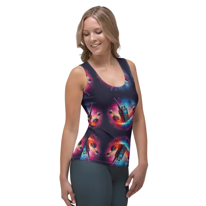 Woman’s tank top with space-themed design.