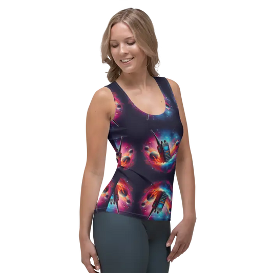 Woman’s tank top with space-themed design.
