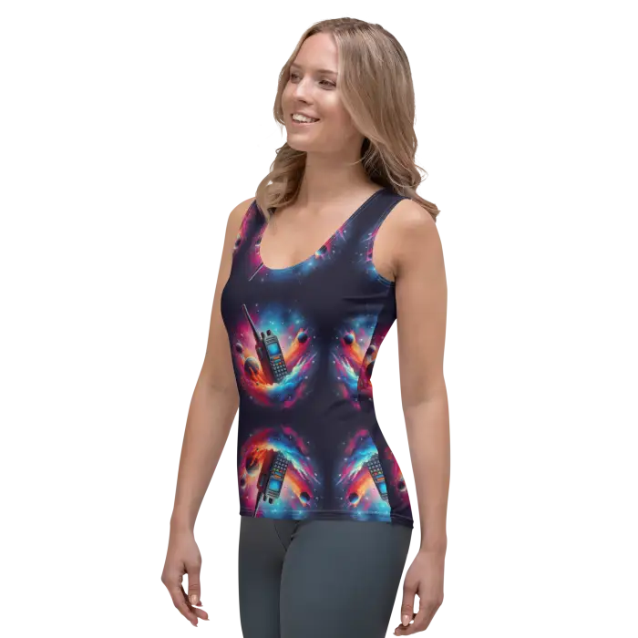 Woman’s tank top with a colorful space-themed pattern.