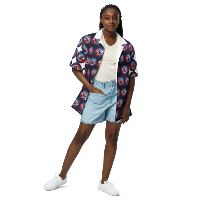 Woman in patterned shirt and denim shorts.