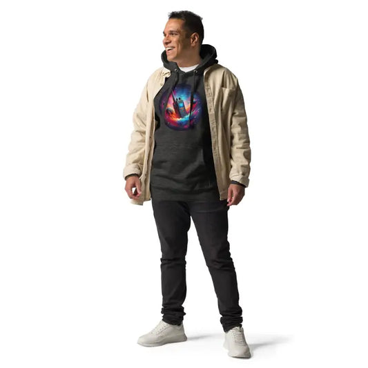 Man wearing graphic hoodie and jacket.