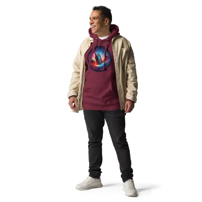 Maroon hoodie with a colorful graphic.