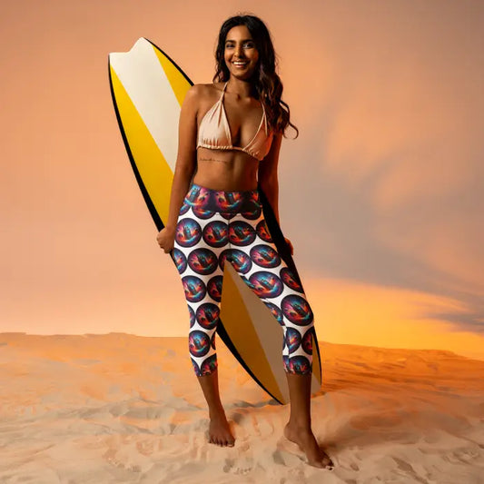 Woman holding surfboard.