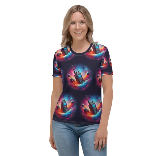 Woman’s t-shirt with walkie-talkie pattern.