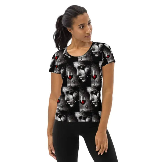 Woman’s patterned athletic t-shirt.