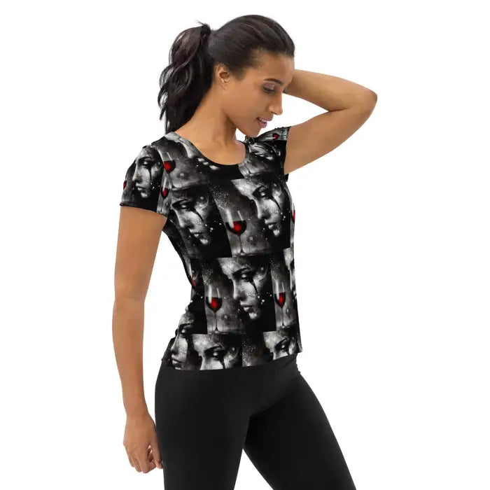 Woman wearing a patterned athletic shirt.