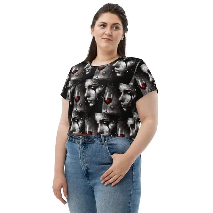 Woman wearing a patterned crop top.