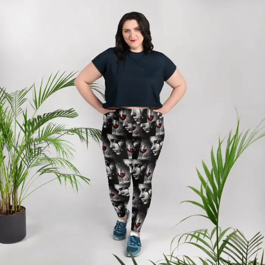 Woman wearing leggings with a face and wine glass pattern.