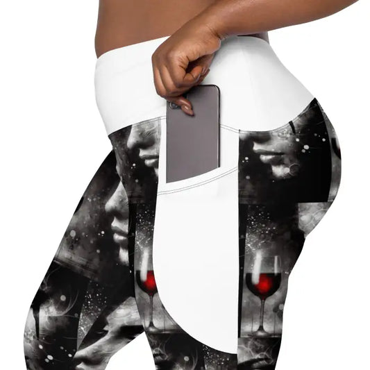Patterned leggings with phone in pocket.