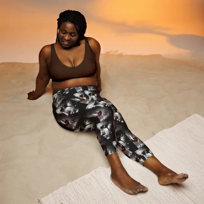 Woman in patterned leggings.