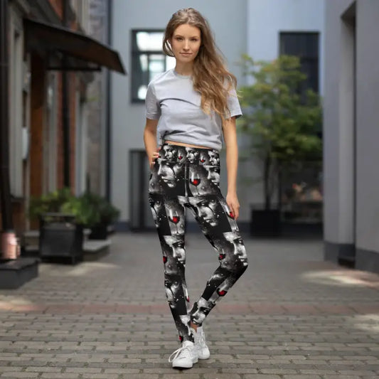Patterned leggings with faces and wine glasses.