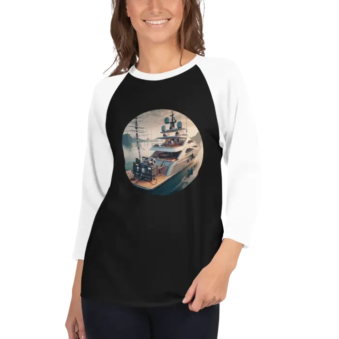 Black and white raglan shirt with yacht graphic.