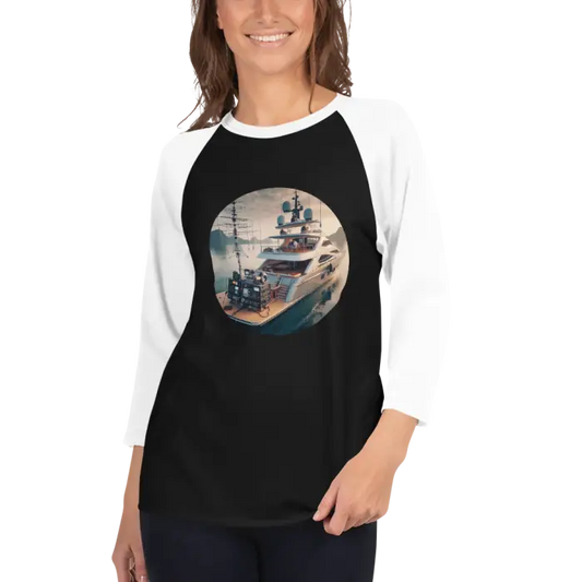 Black and white raglan shirt with yacht graphic.