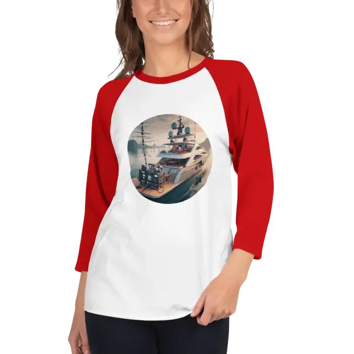 Red and white raglan shirt with yacht graphic.