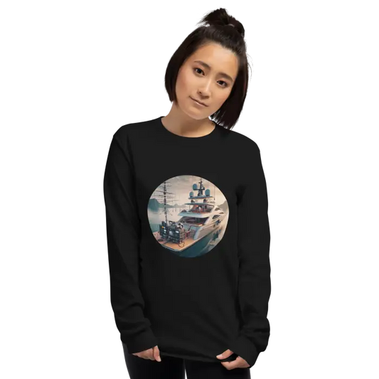 Black long-sleeved shirt with yacht graphic.
