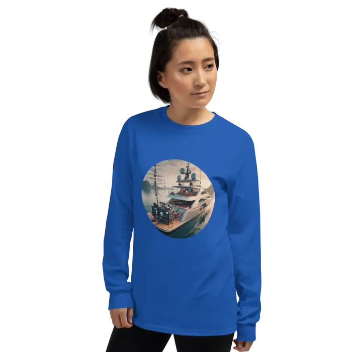 Blue long-sleeved shirt with ship graphic.