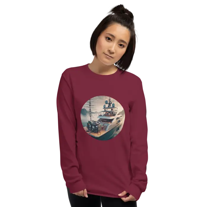 Maroon long-sleeved shirt with yacht graphic.
