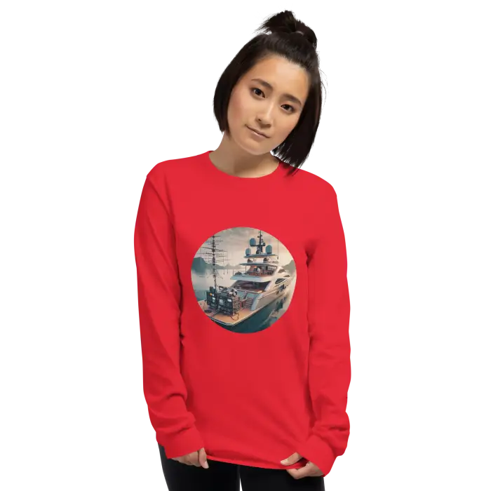 Red long-sleeved shirt with a ship graphic.