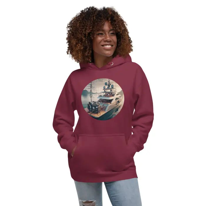 Maroon hoodie with yacht graphic.