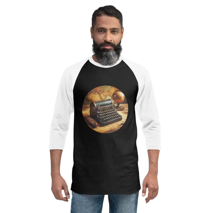 Black and white baseball tee with typewriter graphic.