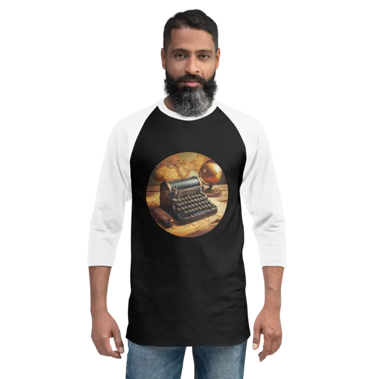 Black and white baseball tee with typewriter graphic.