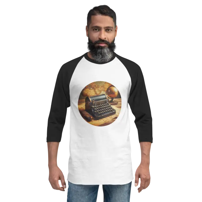 Black and white raglan shirt with typewriter graphic.