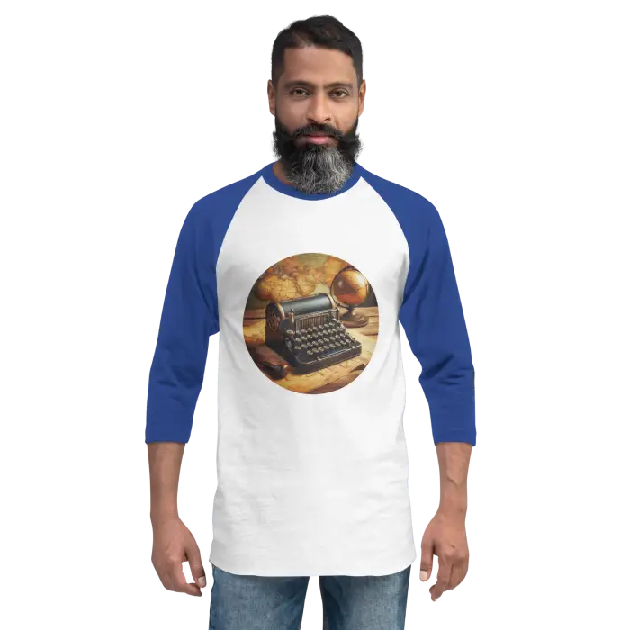 Man wearing a blue and white baseball tee.