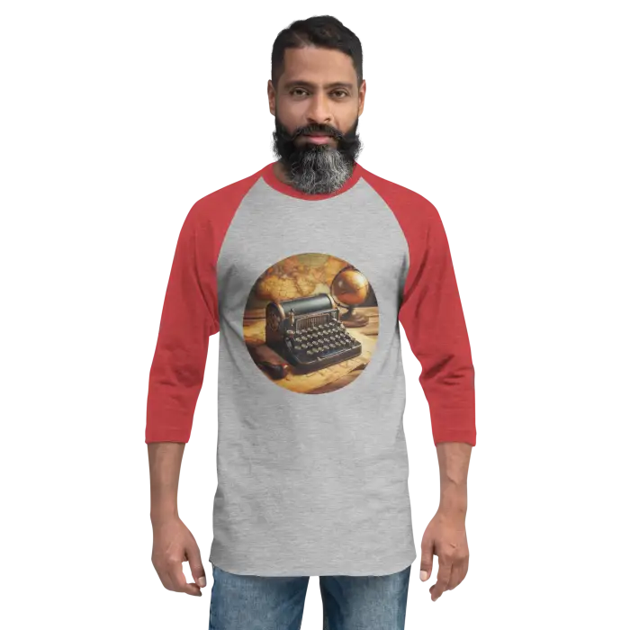 Red-sleeved raglan shirt with vintage typewriter design.