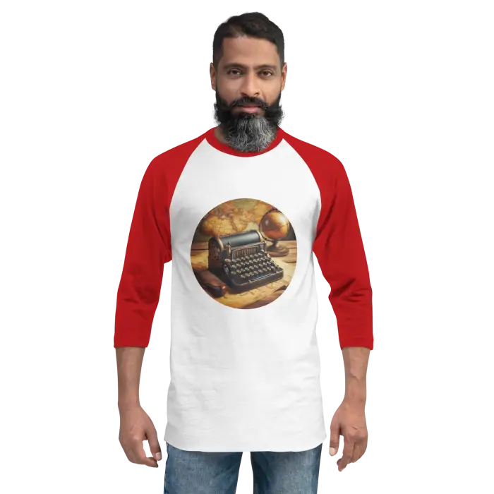 Red and white baseball tee with typewriter graphic.
