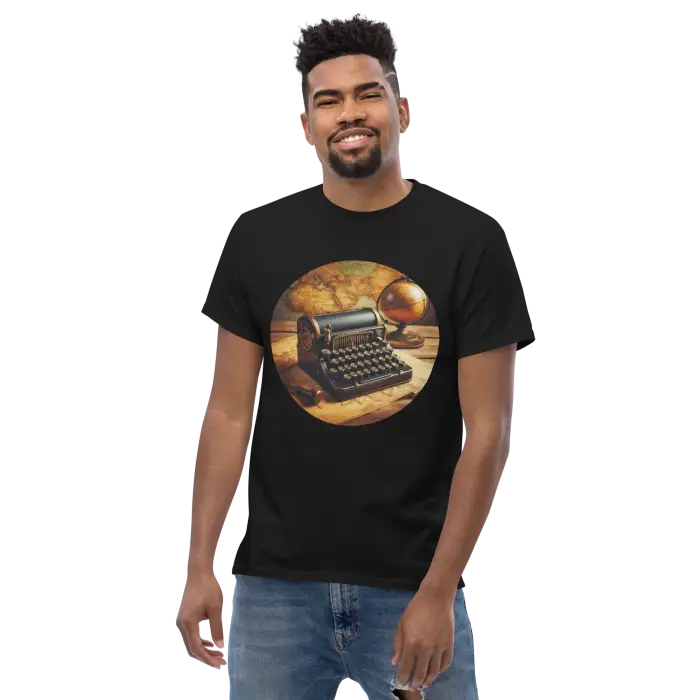 Black t-shirt with vintage typewriter graphic.