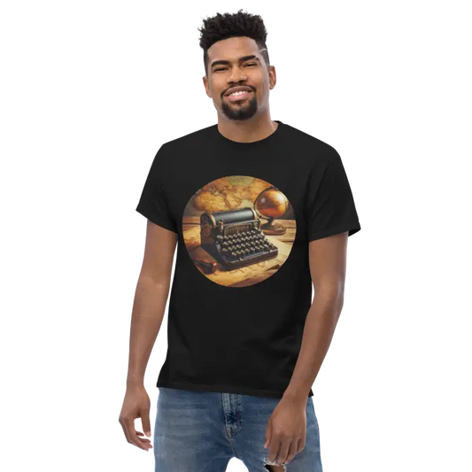 Black t-shirt with vintage typewriter graphic.