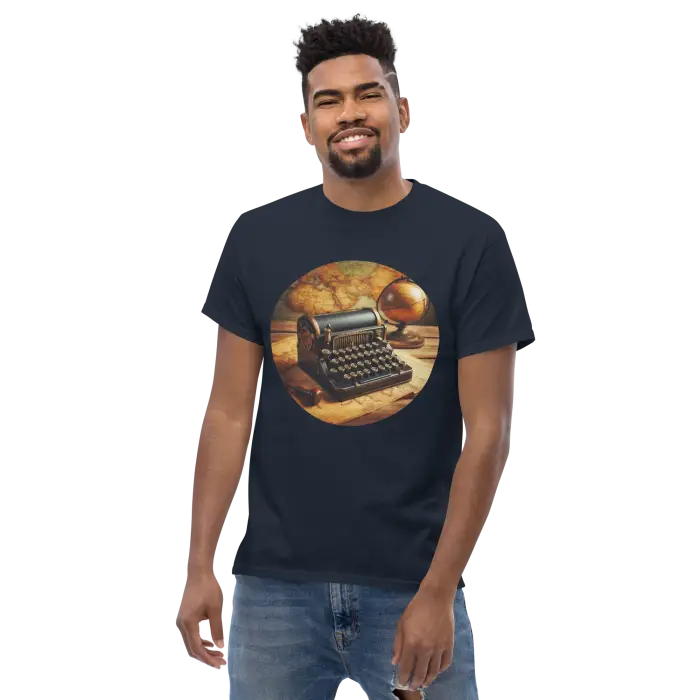 Navy t-shirt with typewriter graphic.
