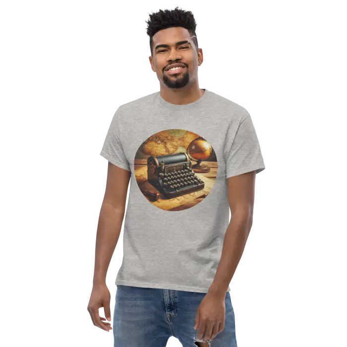 Man wearing a t-shirt with a typewriter and globe design.