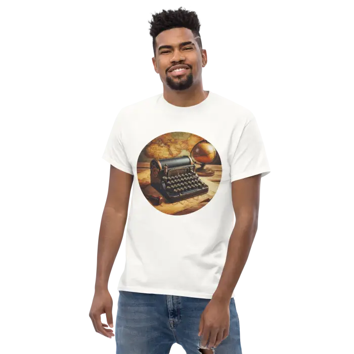 Man wearing a t-shirt with a vintage typewriter graphic.