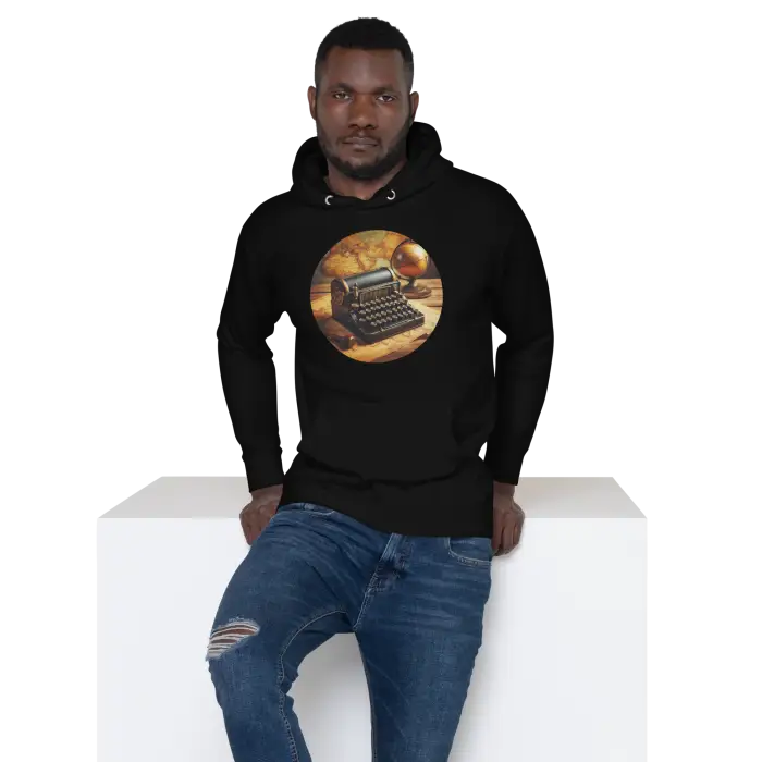 Black hoodie with typewriter graphic.