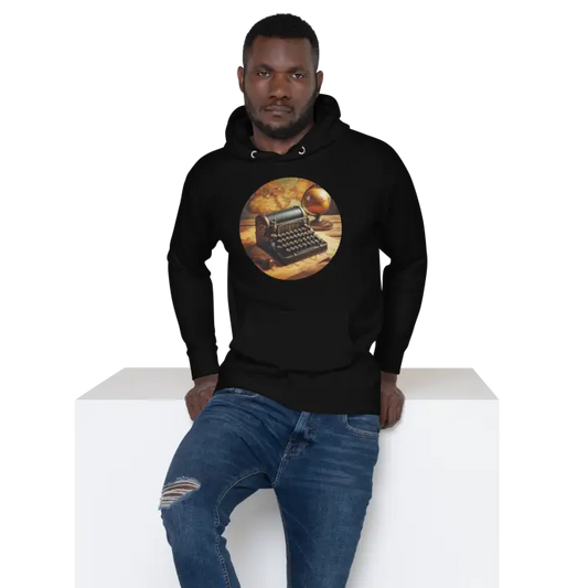 Black hoodie with typewriter graphic.