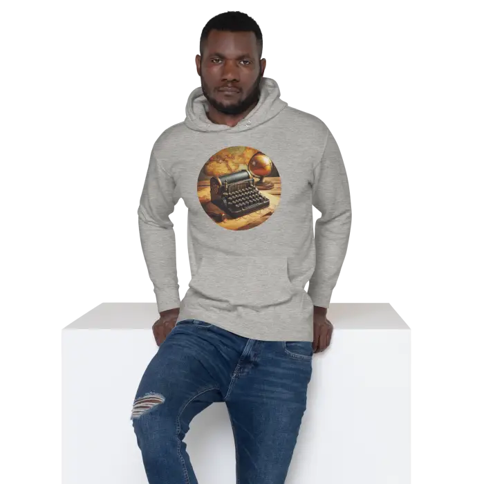 Gray hoodie with typewriter design.