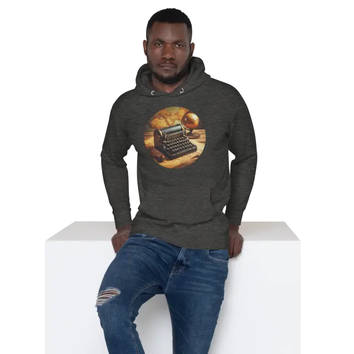 Olive green hoodie with typewriter graphic.