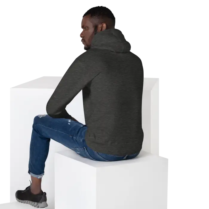 Man in gray hoodie and blue jeans.