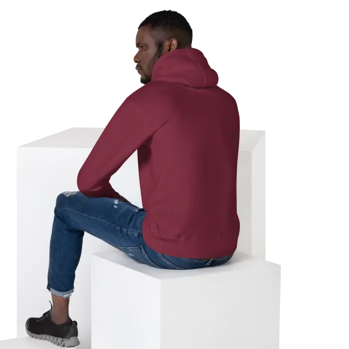 Maroon hooded sweatshirt.