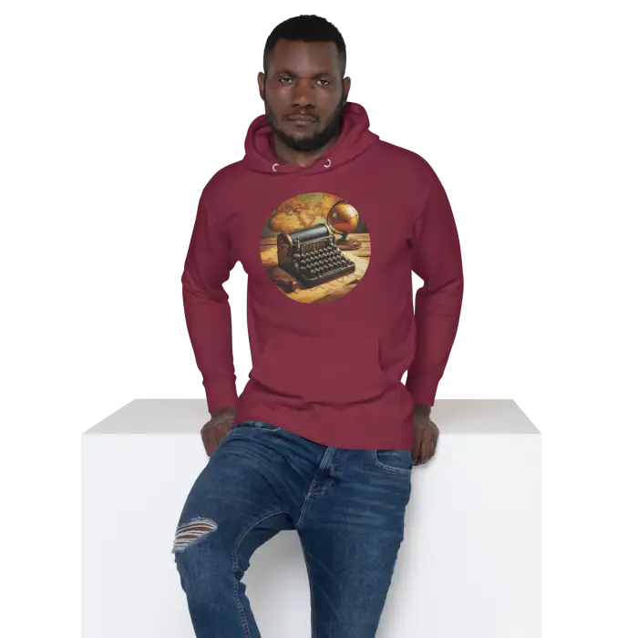 Burgundy hoodie with typewriter graphic.