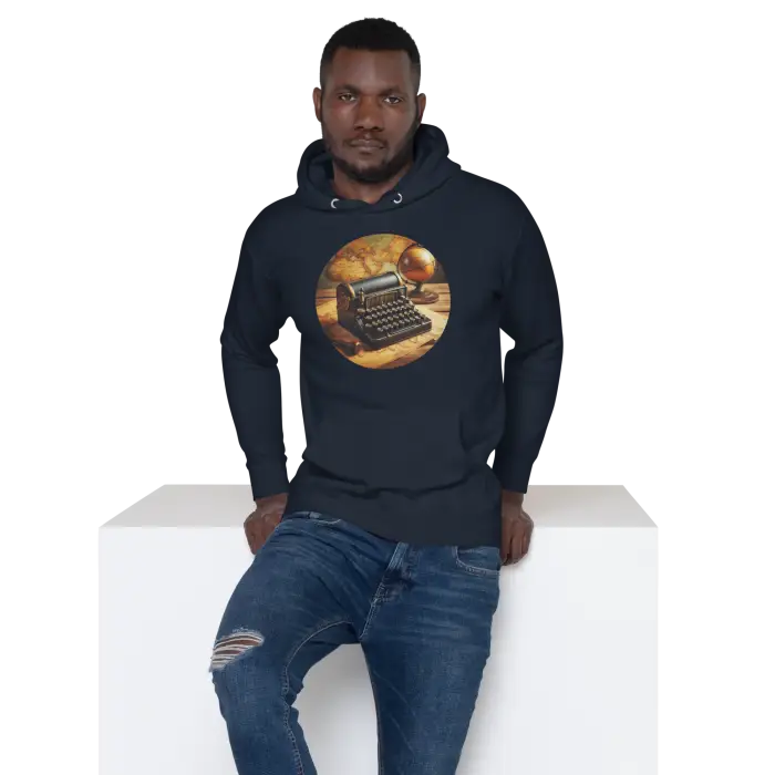 Man wearing a hoodie with a typewriter design.