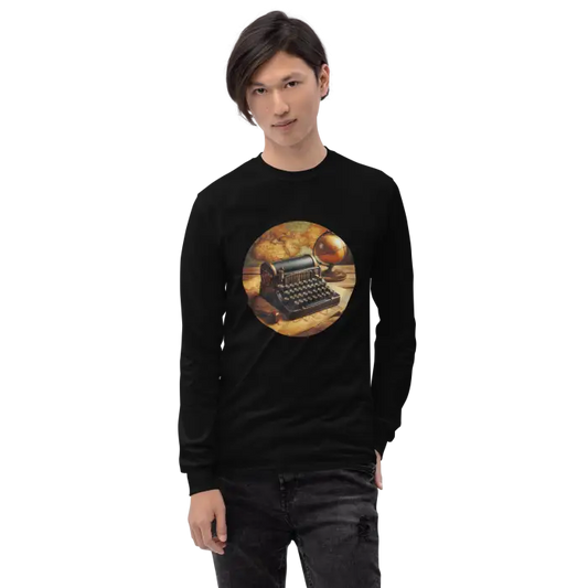 Black long-sleeved shirt with typewriter graphic.