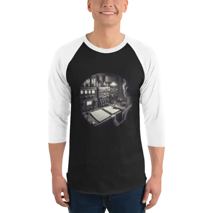 Black and white raglan shirt.